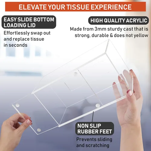 Vista 3 de Soporte acrílico para caja de pañuelos, dispensador transparente para pañuelos faciales, servilletas y hojas de secadora. Perfecto para baños