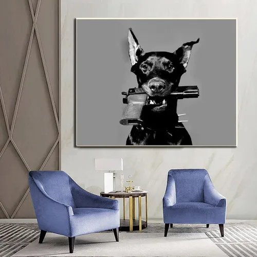 Vista 4 de HDYDJS Doberman Pinscher - Póster estético de pistola blanca y negra, pósteres e impresiones artísticas de pared para sala de estar, dormitorio