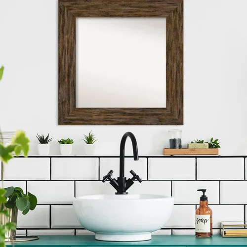 Vista 4 de Amanti Art Espejo personalizado, espejo de baño marrón Fencepost, espejo de pared o espejo de tocador de baño sobre el fregadero (27 x 27 pulgadas)
