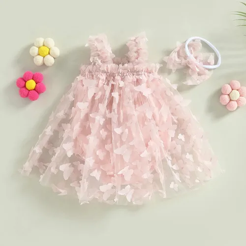 Vista 7 de Vestido de princesa para bebé niña 3D de malla de mariposa morada, sin mangas, de tul + diadema