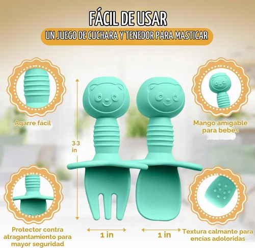 Vista 4 de HippoBaby Juego de 4 cucharas de silicona para bebé autoalimentación Utensilios para bebé 6-12 meses - 3 cucharas para bebé - 1 tenedor para bebé