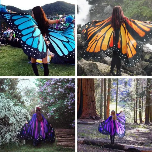 Vista 6 de Disfraz de mariposa para adulto, disfraz de alas de mariposa de Halloween, para mujer, colorido, festival, alas de mariposa, capa de chal