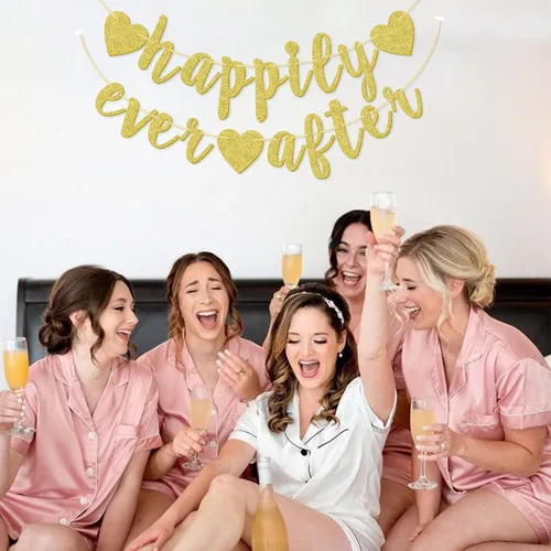 Vista 9 de Cartel de Happy Ever After, decoración de compromiso con purpurina dorada para despedida de soltera, fiesta de boda, fotomatón, banderines cursivos