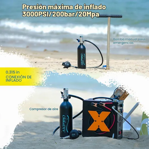 Vista 4 de Mini tanque de buceo con capacidad de 1 litro, tanque de buceo portátil con bomba de mano, equipo de buceo apto para rescate de emergencia, pesca