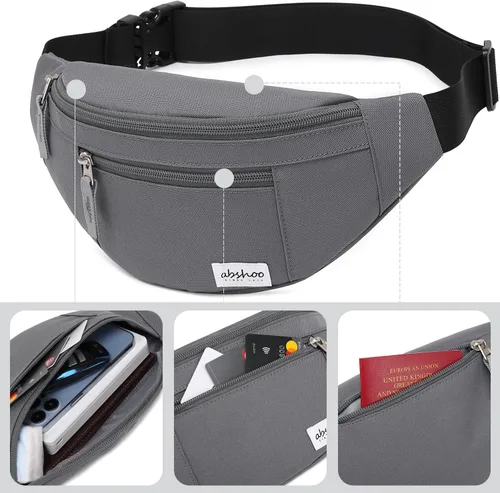 Vista 5 de Abshoo Riñonera cruzada para hombre para mujer, bolsa de viaje para senderismo, correr, riñonera, Gris