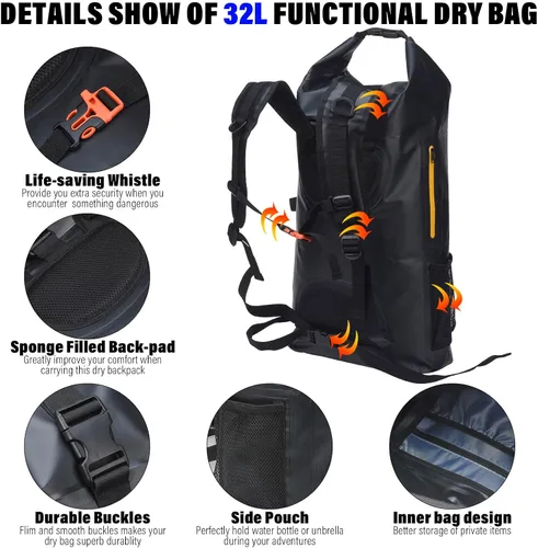 Vista 3 de Blueshyhall Mochila seca impermeable de 32 L, bolsa de almacenamiento enrollable para viajes, kayak, rafting, barco, pesca, campamento, color negro