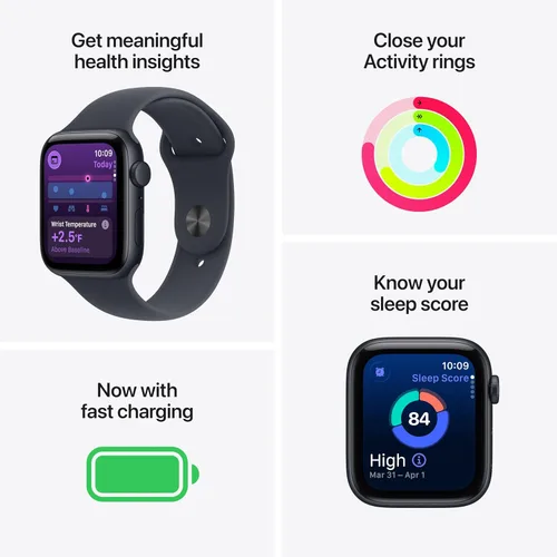 Vista 2 de Apple Watch SE 3 [GPS 1.575 in] Smartwatch con caja de aluminio medianoche con correa deportiva de medianoche - S/M. Monitores de fitness y sueño