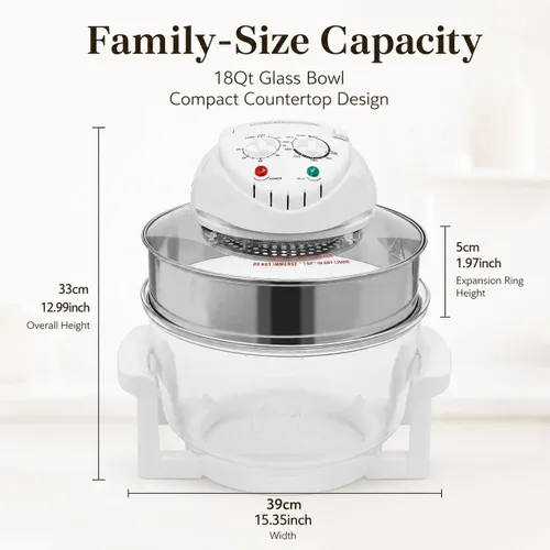 Vista 5 de Freidora de aire de vidrio grande de 18 cuartos – Cocina de circulación halógena y de aire caliente visible en 360°, 1200–1400 W, control preciso