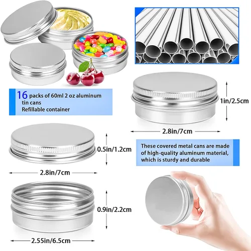 Vista 2 de 16 paquetes de tarros de aluminio de 2 onzas, latas metálicas de 60 ml, tarros de aluminio de 2 onzas con tapa de rosca para barras de loción