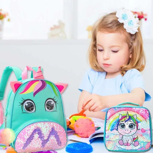 Vista 8 de 3 mochilas para niñas pequeñas, 12 pulgadas, con lentejuelas de unicornio y lonchera