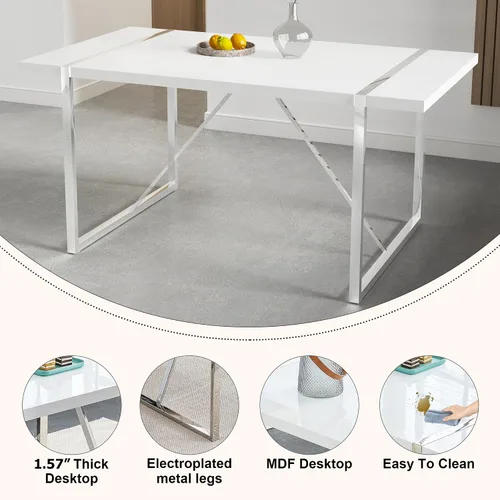 Vista 4 de Juego de mesa de comedor para 4, juego de mesa de cocina moderno con 4 patas de metal tapizadas, juego de mesa de comedor blanco para 4 personas