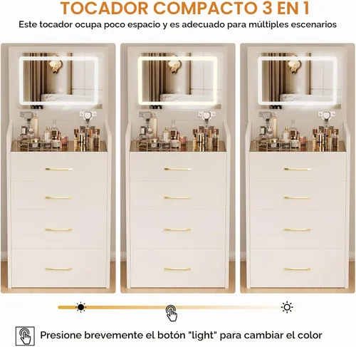 Vista 6 de Escritorio de tocador 3 en 1 con espejo abatible y luces, tocador compacto con silla oculta, escritorio de vidrio visible, 3 cajones, 3 modos