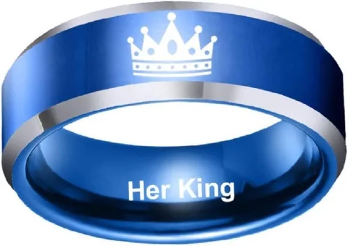Vista 2 de Anillo de acero inoxidable para parejas, diseño de corona con texto en inglés Her King His Queen