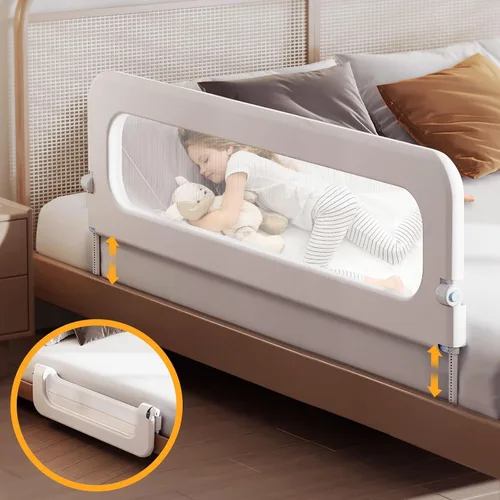 Vista 8 de Barandilla de protección para cama de bebé para niños pequeños, altura ajustable de 48 pulgadas, barandilla de cama abatible, barandilla lateral