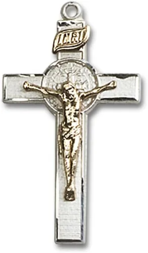 Vista 2 de Bonyak Jewelry Colgante de crucifijo de San Benito de dos tonos y chapado en oro de 1 1/8 x 5/8 pulgadas con cadena de plata esterlina, Metal