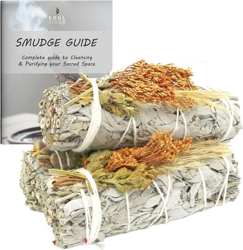 Vista 9 de SOUL STICKS Paquete de 3 barras de salvia blanca floral con flores para limpiar el hogar, meditación, yoga, curación y manchas, California de origen