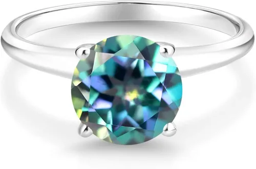 Vista 3 de Gem Stone King Anillo de compromiso con solitario para mujer con topacio místico azul milenio redondo de 2.00 qt en oro blanco de 14 quilates