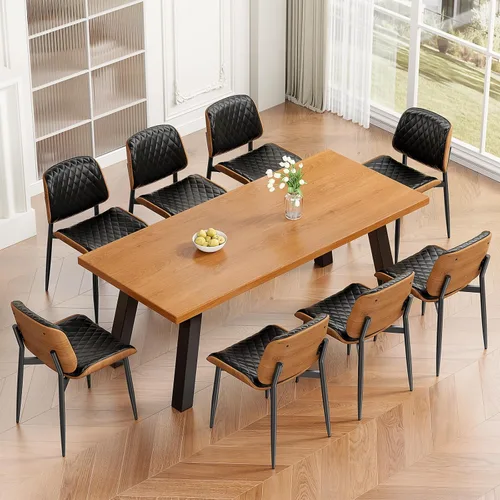 Vista 9 de Juego de 2 sillas de comedor, modernas sillas tapizadas de piel sintética de mediados de siglo con respaldo de nogal y patas de metal, pies