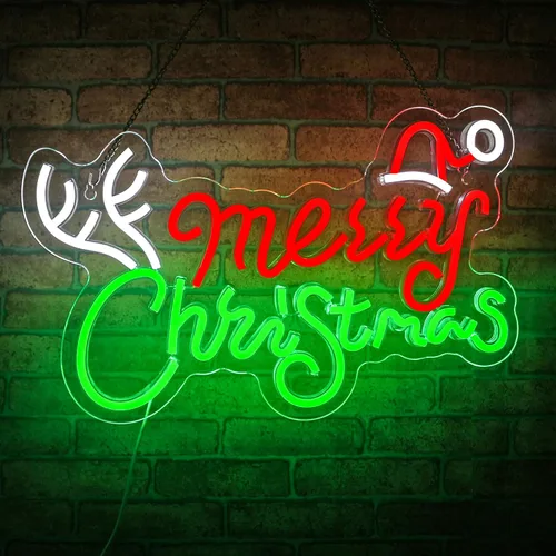 Vista 2 de Letrero de neón de Feliz Navidad, letreros de neón regulables JGHTURIE para decoración de pared, letrero iluminado para fiesta de Navidad, bar