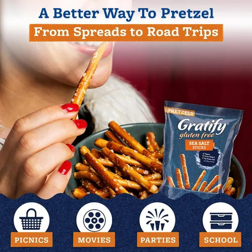 Vista 5 de Gratify Palitos de pretzel sin gluten – Bolsas de pretzel GF, mezcla sin gluten para adultos y niños, salsa de humus, paquetes individuales, aptas