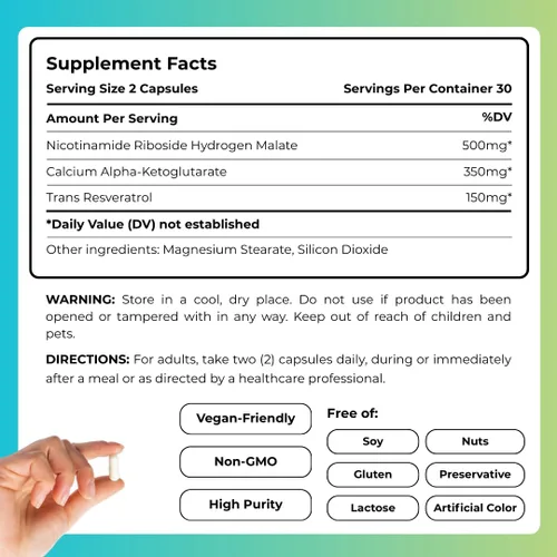 Vista 3 de Suplemento NAD+ 1000mg con Ca-AKG y Resveratrol