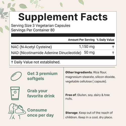 Vista 2 de Micro Ingredients NAC con NAD+, 240 cápsulas vegetarianas 1,200 mg por porción N-acetil-L-cisteína 2 en 1 con nicotinamida adenina dinucleótido