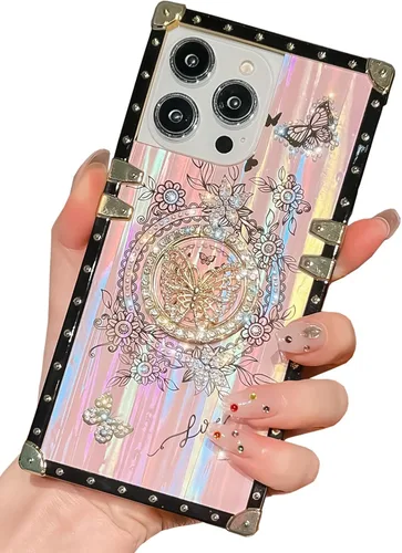 Vista 25 de Funda Rectangular de Lujo Femenina Compatible con iPhone 16 Pro Max Diseñada con Soporte de Anillo de Diamante con Función de Atril