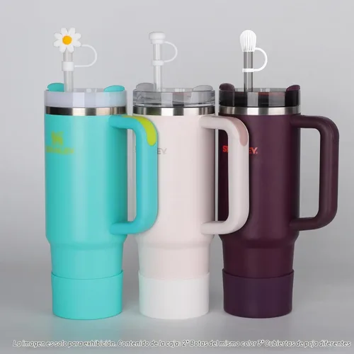 Vista 4 de Juego de funda para botas y pajilla, 2 fundas de silicona, 3 tapas de pajita, protector inferior para Stanley Cup H2.0 30 oz y 40 oz, coincidencia