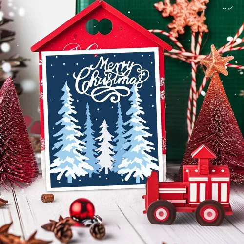 Vista 5 de ORIGACH 6 piezas de árbol de pino de Navidad y palabras de Feliz Navidad, troqueladas de metal para hacer tarjetas, manualidades, álbumes