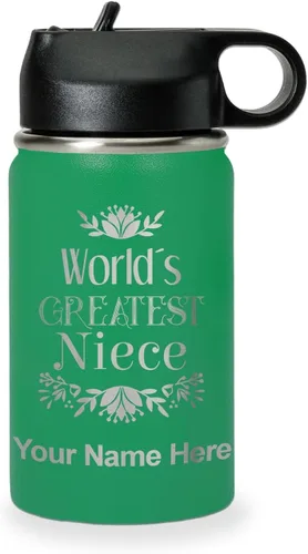 Vista 62 de LaserGram Botella de agua con tapa abatible de doble pared de 12 onzas con pajilla, sobrina más grande del mundo, grabado personalizado incluido