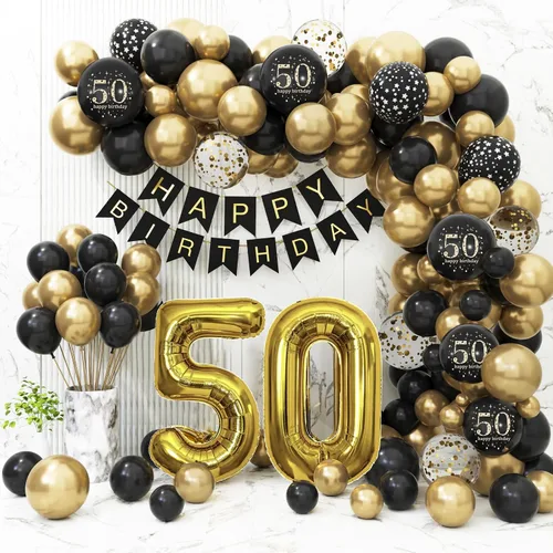 Vista 11 de Decoraciones de 40 cumpleaños para hombres y mujeres, globos de cumpleaños de 40 años negros y dorados para fiesta con pancarta de feliz 40