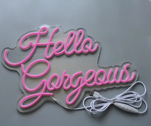 Vista 4 de Letreros de neón con texto en inglés «Hello Beautiful» con texto «Hello Beautiful», luz LED rosa para dormitorio, boda, cumpleaños, telón de fondo