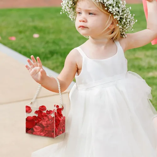 Vista 4 de Cesta de flores para niña, cesta de boda, cesta de pétalos con cinta de acrílico para confeti (perla)