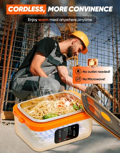 Vista 2 de Fiambrera eléctrica inalámbrica, calentador de alimentos autocalentable, fiambreras a batería con recipiente de 1 litro, lonchera térmica recargable