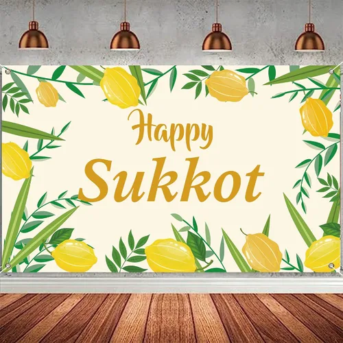 Vista 6 de Cartel de fondo de Happy Sukkot con 70.8 x 43.3 pulgadas, pancarta de fondo de Happy Sukkah, fondo de fotografía judía Etrog Lulav para cabina