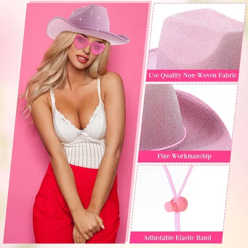 Vista 6 de Geyoga 9 piezas de sombrero de vaquero para adulto con bandana de vaquero y gafas para disfraz del oeste, accesorio para hombres y mujeres