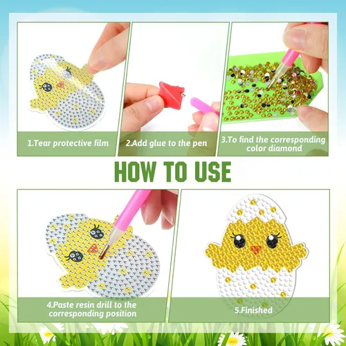 Vista 5 de Panelee 48 piezas de llavero de arte de diamante de Pascua, kits de arte de diamantes para colgar huevos de Pascua, adornos para niños
