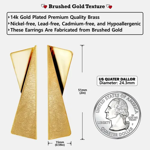 Vista 4 de OZEL - Aretes colgantes de oro para mujer, acabado cepillado, joyería de oro mate, chapado en oro de 14 quilates