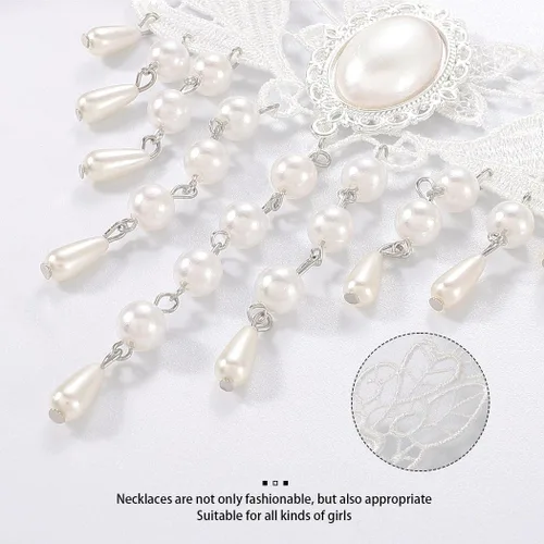 Vista 6 de Zoestar Gargantilla de encaje, collar con colgante de perlas y borlas, collar de encaje blanco vintage, accesorios de cadena para mujer