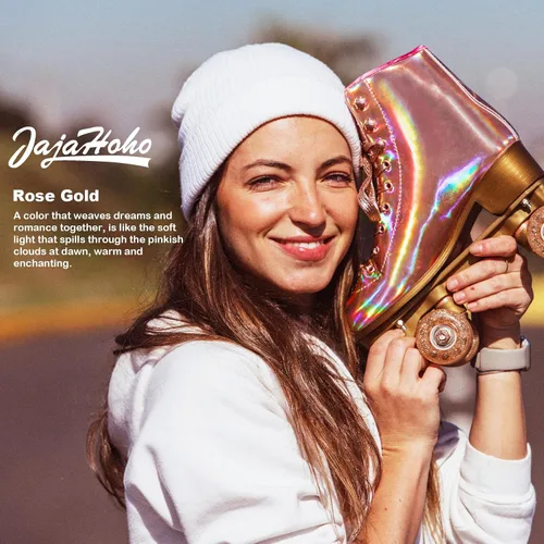 Vista 7 de JajaHoho Patines de ruedas para mujer, patines de cuero PU holográficos de alta calidad, patines brillantes de doble fila con cuatro ruedas
