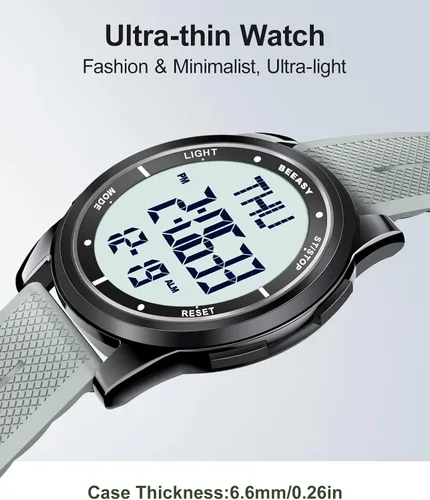 Vista 69 de Beeasy - Reloj digital de pulsera resistente al agua con cronómetro, alarma, cuenta regresiva, doble zona horaria, ultrafino, pantalla angular muy