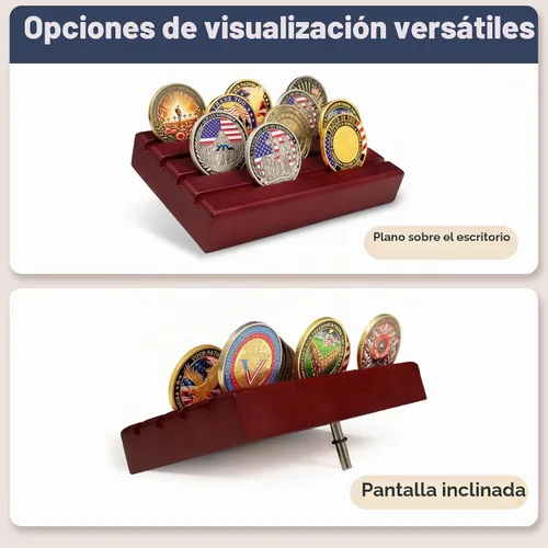 Vista 2 de ASmileIndeep Expositor de monedas de desafío militar pequeño de madera maciza, soporte para monedas con capacidad para 10-12 monedas, soporte