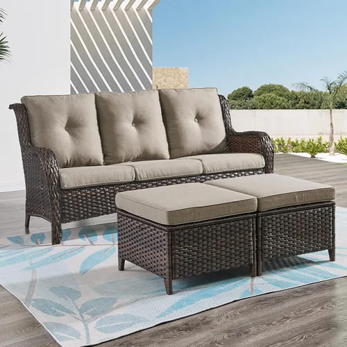 Vista 6 de Reposapiés otomanos para exteriores, 2 piezas, reposapiés otomano de mimbre de ratán con cómodos cojines para patio, porche, terraza, balcón, jardín