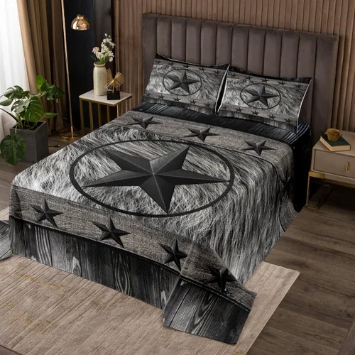 Vista 13 de Colcha acolchada rústica de Texas con estrellas del oeste de Texas para niños y niñas, color azul marino, juego de cubrecama de madera