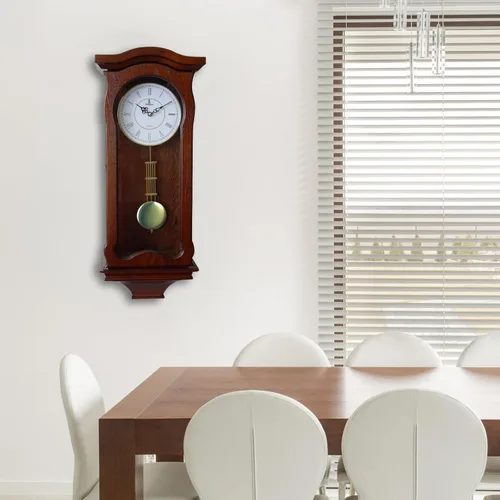 Vista 8 de Reloj de pared de péndulo a pilas, reloj de pared colgante de madera con péndulo, silencioso y sin timbre, madera real, decorativo para decoración