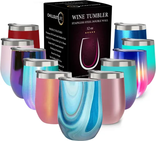 Vista 65 de CHILLOUT LIFE - Vaso de acero inoxidable de 12 onzas con tapa y caja de regalo, diseño de viaje con recubrimiento en polvo, aislamiento al vacío