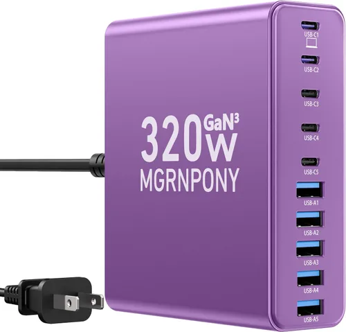 Vista 8 de Bloque de Cargador USB C de 320W, Estación de Carga de 10 Puertos USB C GaN III PD 65W Adaptador de Carga Rápida para Laptop para MacBook Pro/Air