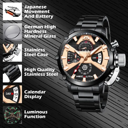 Vista 6 de MEGALITH Reloj para hombre de 1.772 in de acero inoxidable, cronógrafo, resistente al agua, analógico, de cuarzo, con fecha, resistente