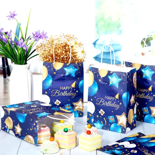 Vista 4 de Frienda 24 bolsas de regalo de cumpleaños con asas, color azul marino y dorado, bolsas de regalo de feliz cumpleaños para hombres y mujeres