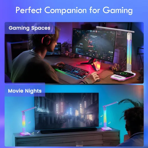 Vista 3 de WILIT Lámpara de escritorio para dormitorio universitario, luz de escritorio RGB para juegos con carga inalámbrica y puerto USB, lámpara de jugador